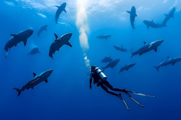 A scuba diver in the middle of a group of sharks