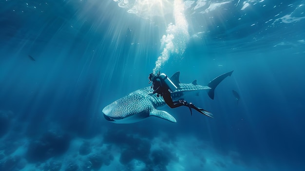 Scuba Diver Swims Alongside Majestic Whale Shark in Pristine Blue Waters