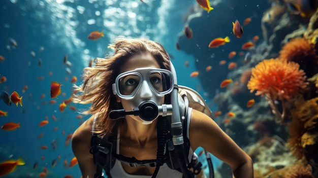 Scuba diver woman swimming in the under water sea Generative Ai Technology