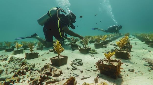 Photo scuba divers are engaged in underwater planting working together on a coral reef restoration