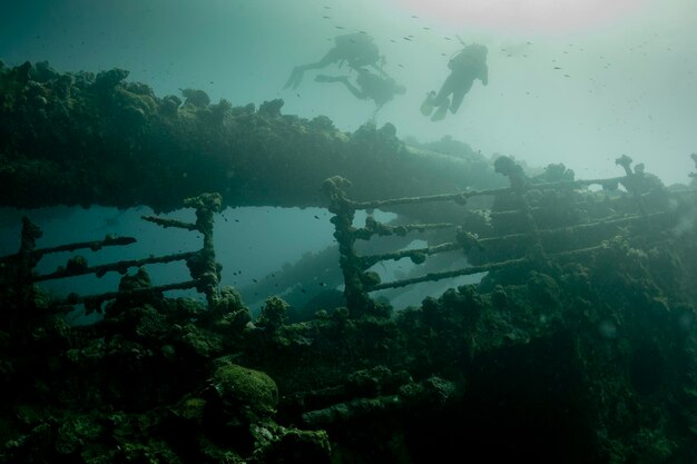 Scuba divers exploring a ship wreck in red sea