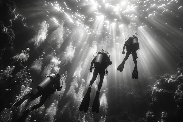 Photo scuba divers fully equipped conducting maintenance tasks beneath the water surface