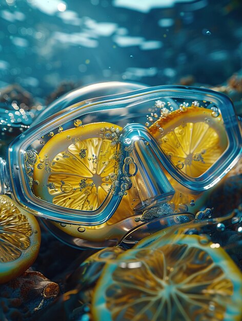 Scuba masks with lenses of clear curved lemon slices revealing an underwater world tinted with zest