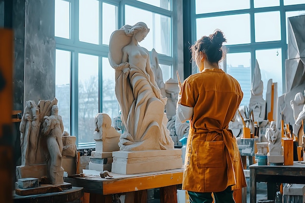 Sculptor Examining Her Work in a Studio