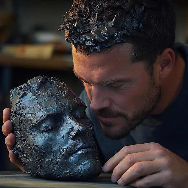 Photo sculptor gazing at his work of art a cracked face sculpture