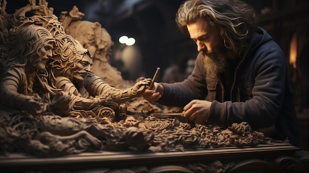 A Sculptor Working On A Masterpiece With Background Image