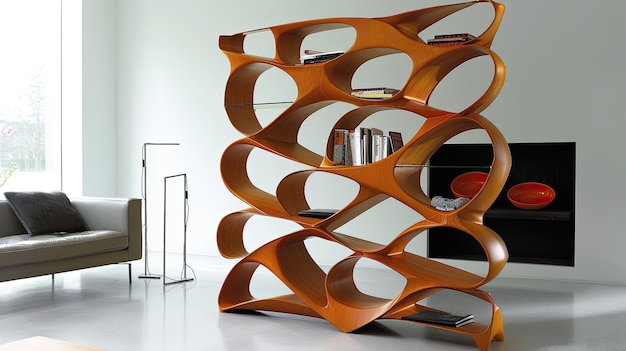 Photo a sculptural bookshelf made of polished wood set against a minimalist living room backdrop