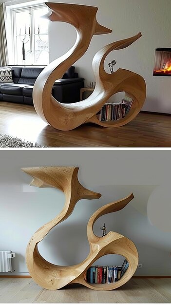 Photo a sculptural bookshelf made of polished wood set against a minimalist living room backdrop