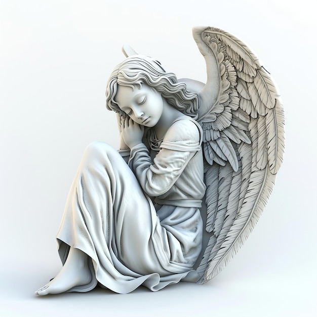 A sculpture of an angel in midflight wings elegantly spread face expressing serene determination