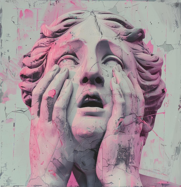 Sculpture Art with Neon Pink Distortions and Expressive Details in Modern Abstract Style