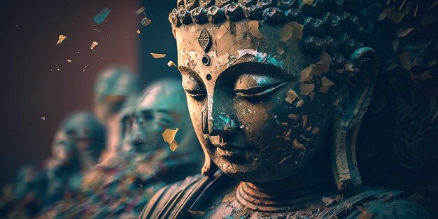 Sculpture of a Buddha in decay scene