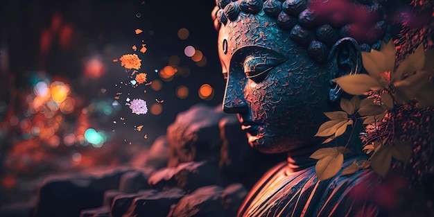 Sculpture of a Buddha in vibrant scene with bokeh lights background