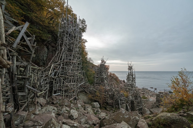 Sculpture built by famous swedish scandalous sculptors, artist, Ladonia. Located in Nimis in the south of Sweden. sculpture built of wooden sticks