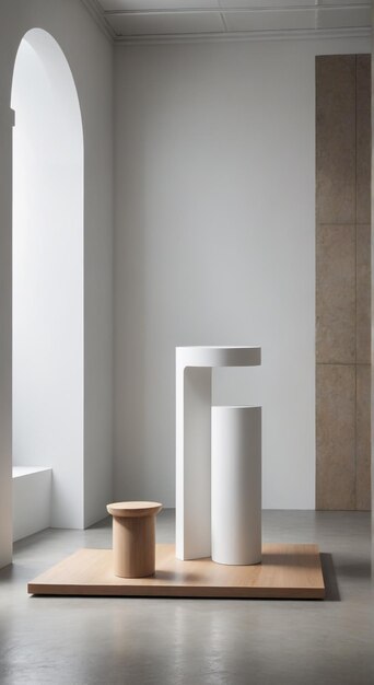 Photo a sculpture by visual artist is displayed in a room with a white wall and a large wooden stool