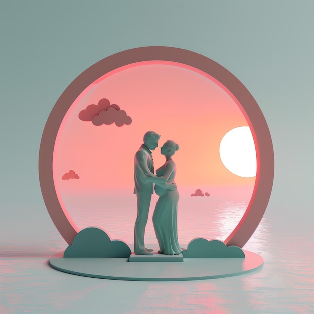 Photo sculpture of a couple embracing in front of a sunset backdrop symbolizing love romance and togetherness