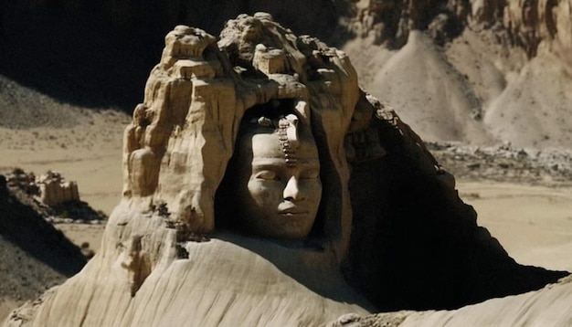 A sculpture of a face is carved into a sand sculpture.