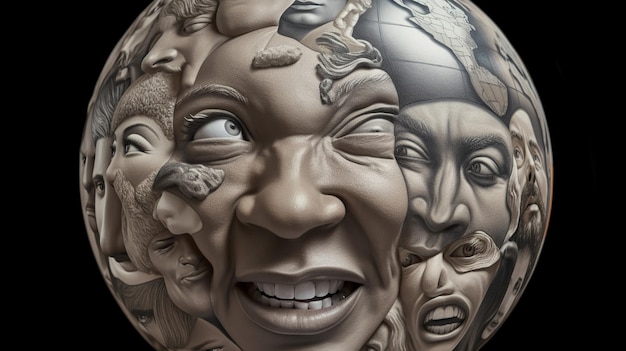 A sculpture of a face with faces of different people and one of them has a face with faces of different people.