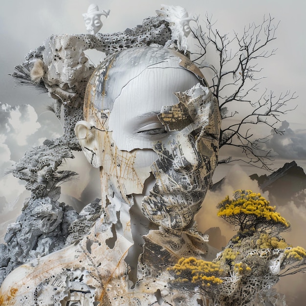 a sculpture of a face with trees and clouds in the background