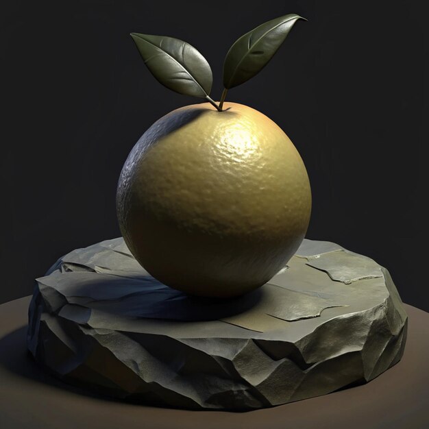 a sculpture of a gold apple with leaves on it