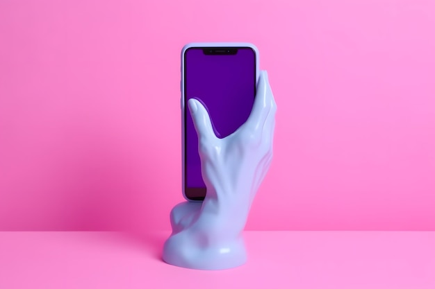 The sculpture hand holds a smartphone with a purple screen Art collage Mockup Neubrutalism Y2k Style Generative Ai