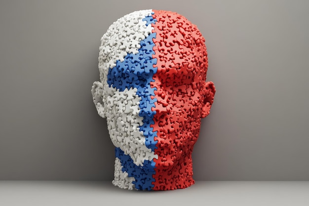 Photo sculpture of a head divided into red and blue puzzle pieces symbolizing the complexity of identity