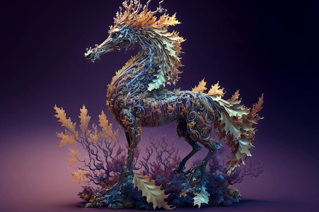 A sculpture of a horse with leaves on it