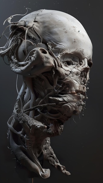 a sculpture of a human head with a skull and bones