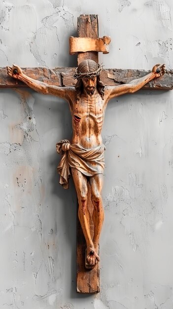 Photo sculpture of jesus christ on the cross wooden crucifix of the savior concept of easter divinity faith crucifixion redemption resurrection religious christian beliefs vertical format