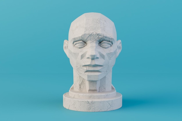 Sculpture of a man's head on a blue background 3D render