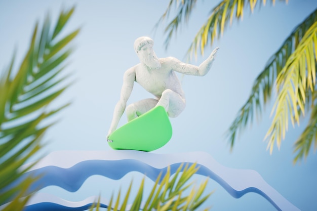 Sculpture of a man on a surfboard on a beach with palm trees 3D render