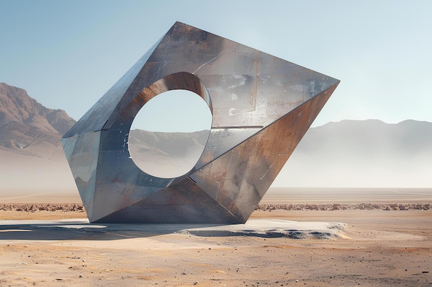 A sculpture in the middle of a desert with mountains in the background