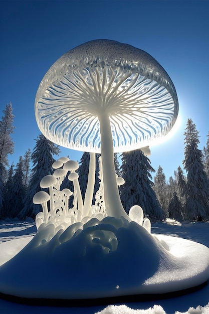 Sculpture of a mushroom in the snow generative ai