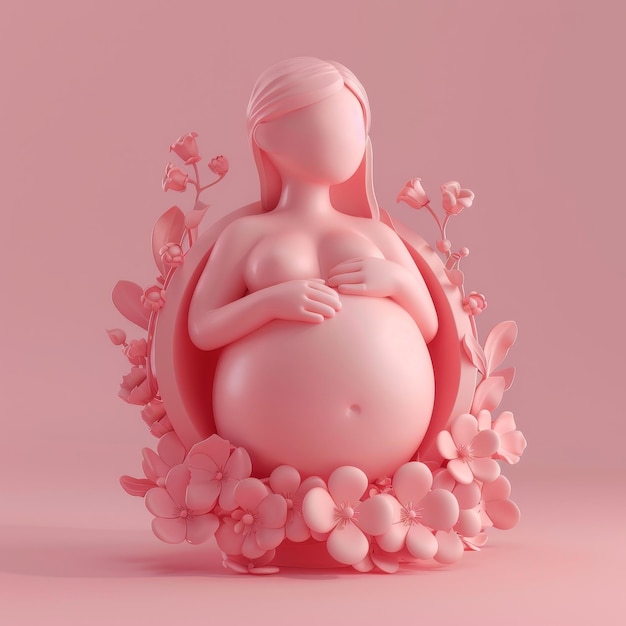 Sculpture of a pregnant woman surrounded by flowers on a pink background representing maternity and motherhood