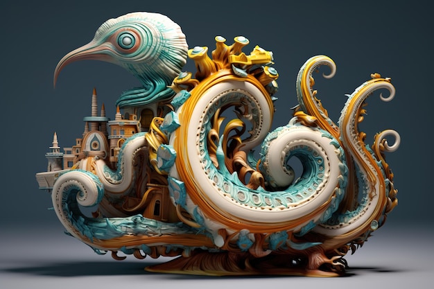 A sculpture of a sea creature with a city on the back