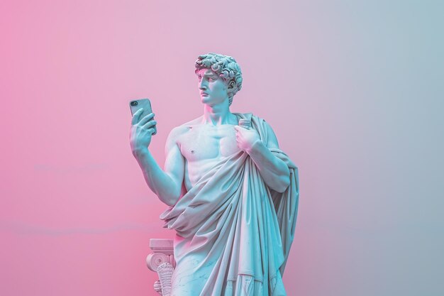 Photo sculpture or statue of fat hairy ancient greek god david selfie with his cellphone