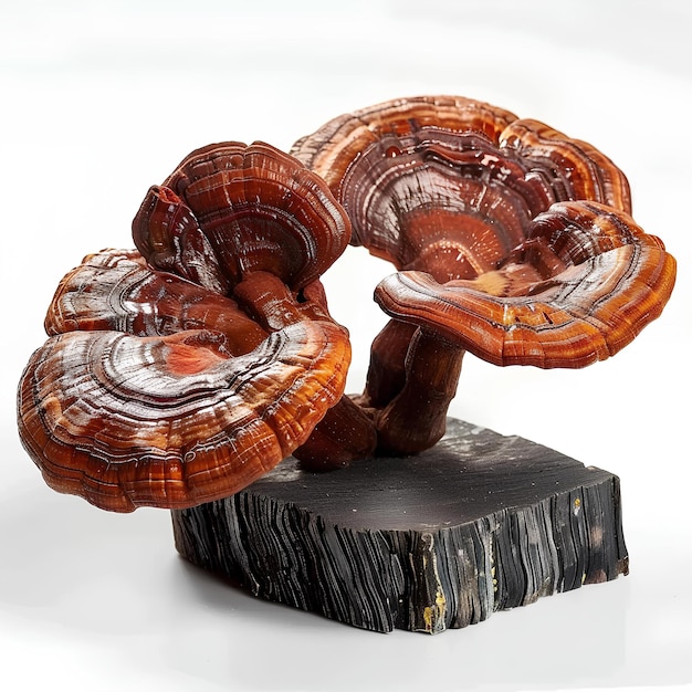 A sculpture of three mushrooms on a piece of wood on a white background with a white background