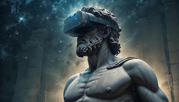 sculpture vr realistic image of statue in VR glasses with smartphone in hand 3d background