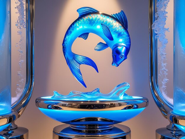 Photo a sculpture with blue light around it depicting a fish on top of an aquarium