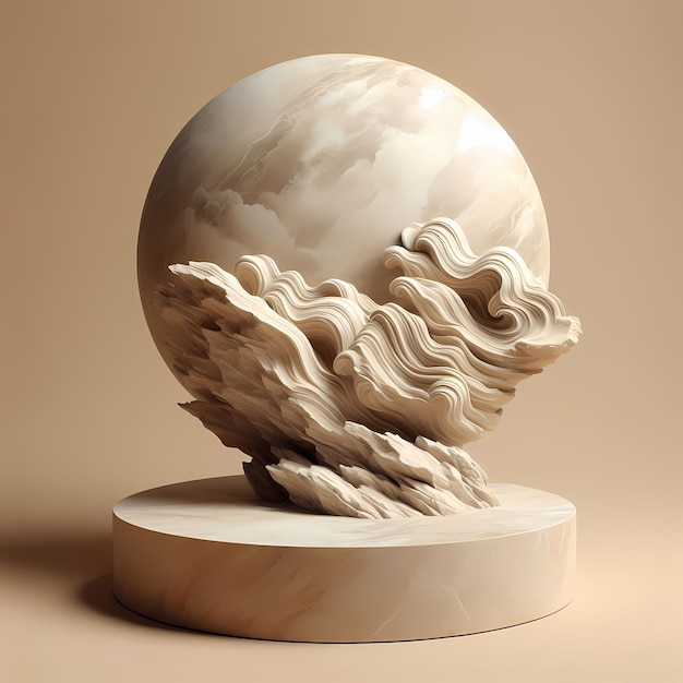 a sculpture with a white marble on it is on a table