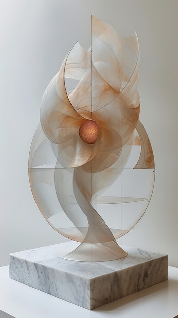 a sculpture with a yellow ball on it is on display