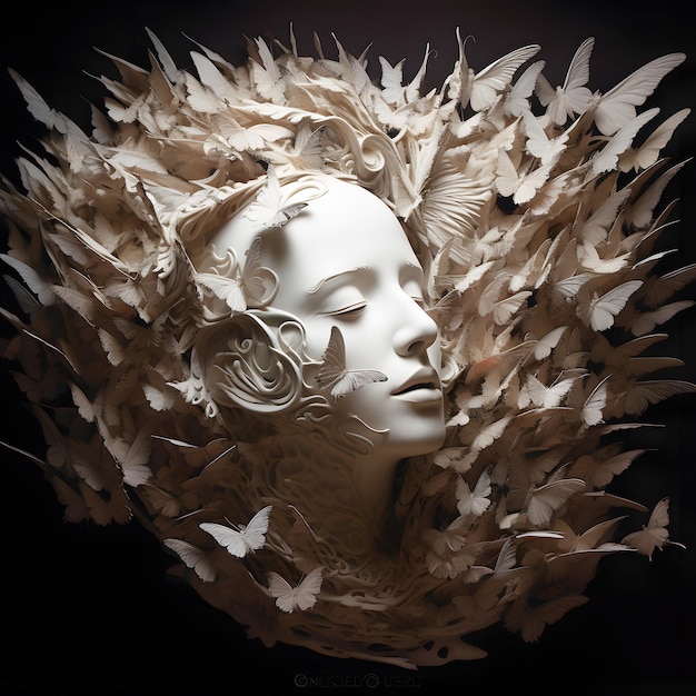 A sculpture of a woman with a face made of paper and the word s on it