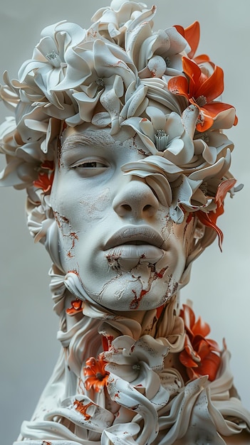 a sculpture of a woman with flowers on her face