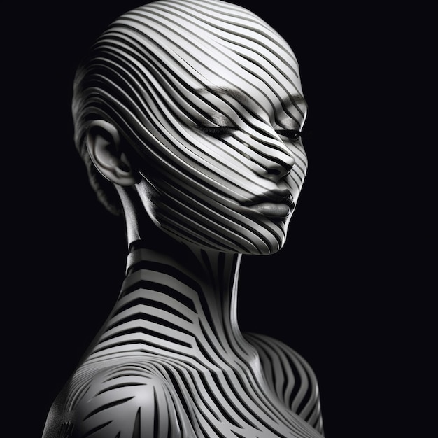 A sculpture of a woman with the lines drawn on it