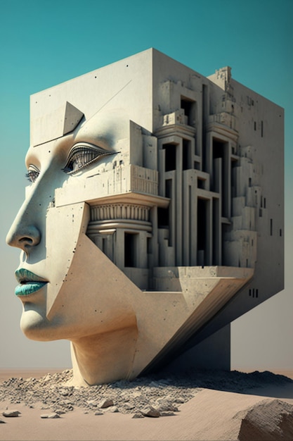 Sculpture of a womans face in front of a building generative ai