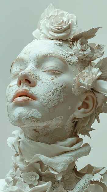 a sculpture of a womans face is covered in white paint