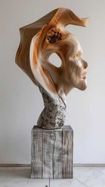 Photo a sculpture of a womans head is shown on a piece of wood