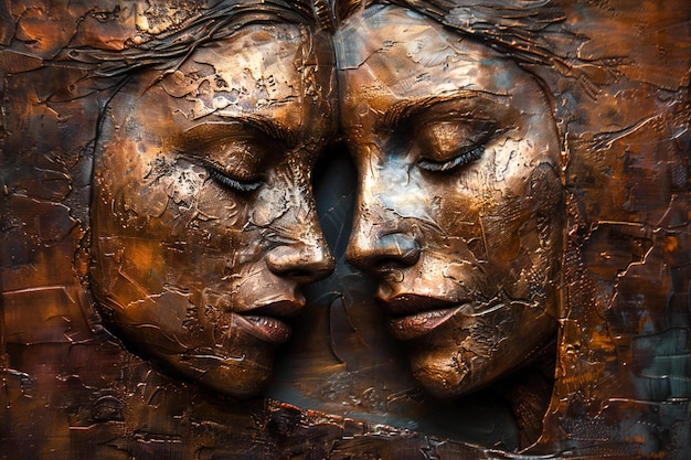 Sculptures of women with closed eyes on the background of rusty metal