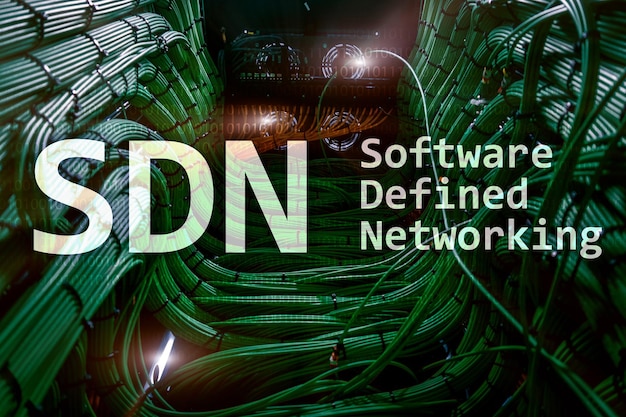 SDN Software defined networking concept on modern server room background