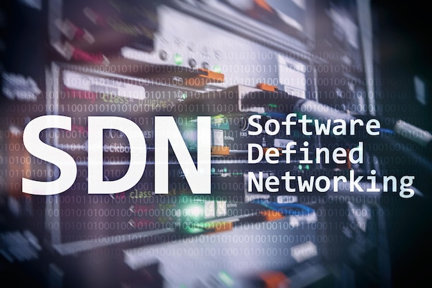 SDN Software defined networking concept on modern server room background