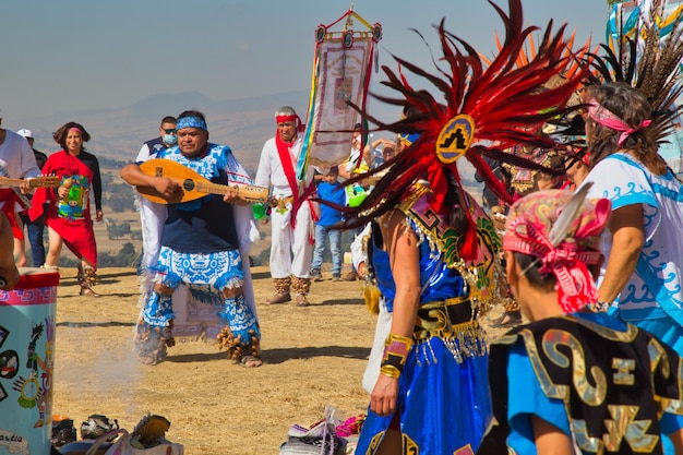 SeÃÂ±or Del Sacromonte Amecameca - February 27, 2020: dancer characterized with prehispanic costumes in the Parque nacional Sacromonte